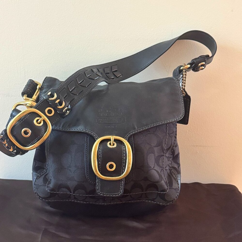 Coach Legacy Buckle Flap Bag | Black Signature Canvas + Leather | Vintage Y2K